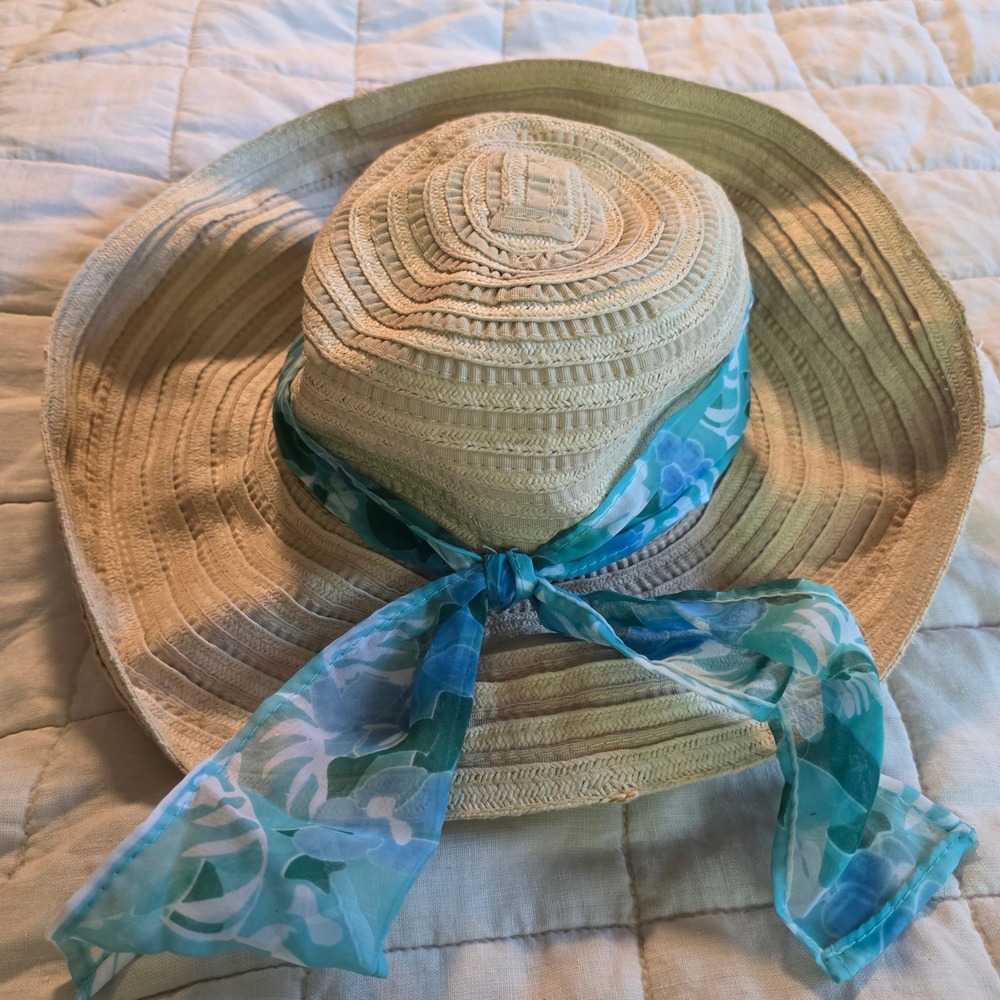 L&M Sun Hat Women OS Beige Turquoise NWT Wide Brim Floral Scarf Summer